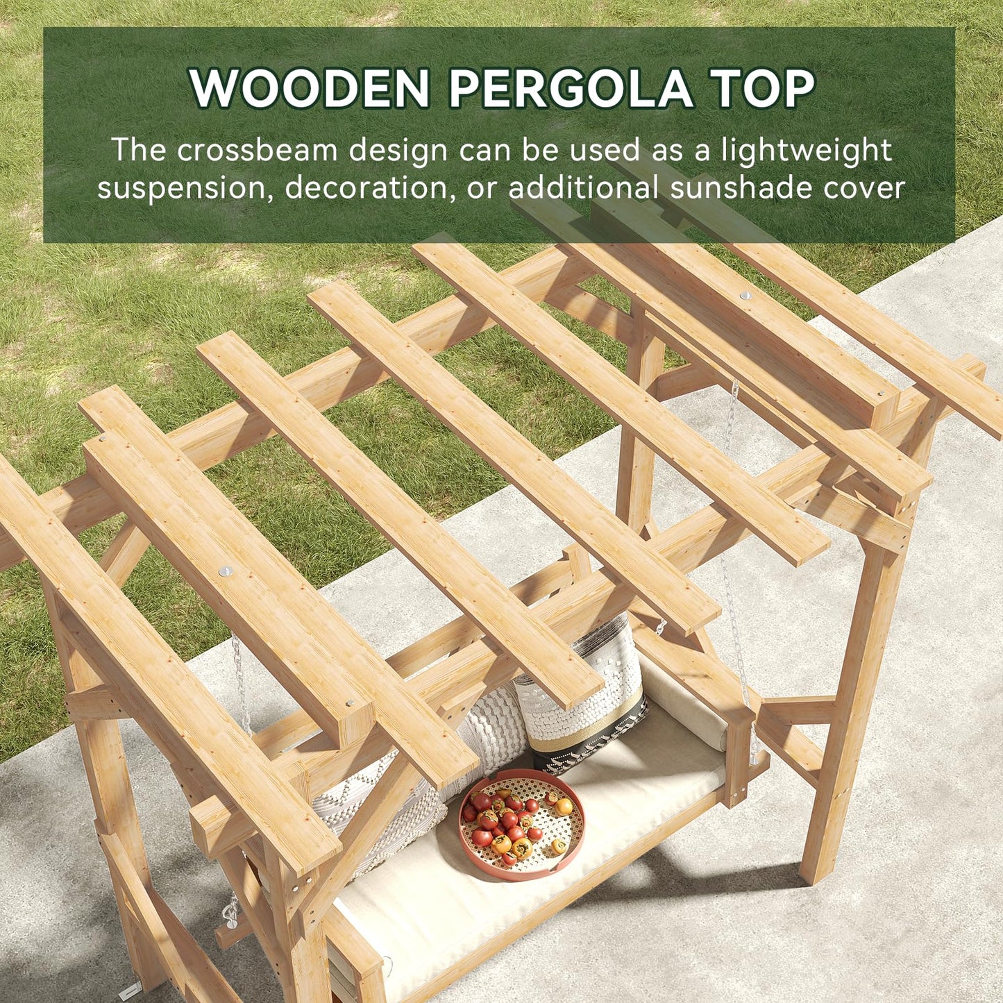 Aoxun Cedar Wood Outdoor Pergola Swing Bench, Porch Swing with Stand, 3-Seat Hammock Patio Swing Set with Canopy，Metal Chains for Backyard, Garden, Natural