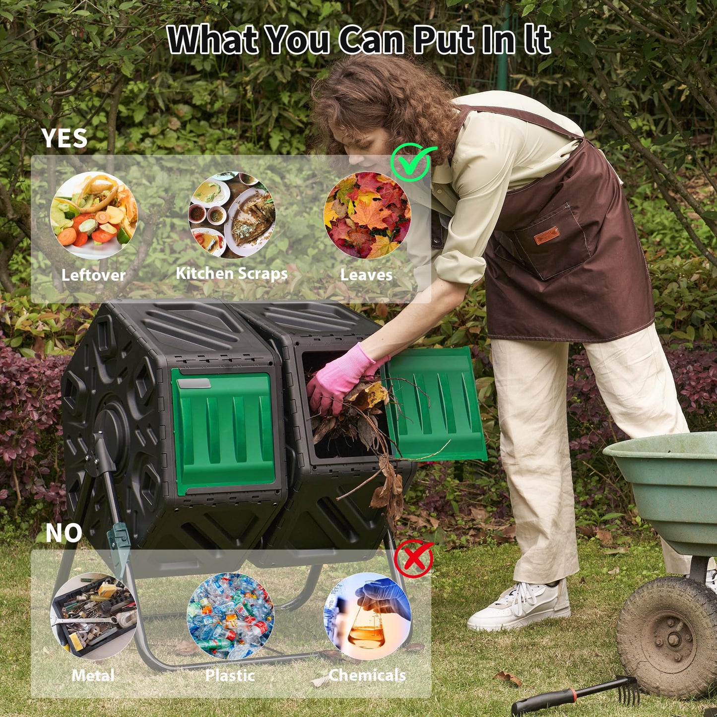 Compost Bin Outdoor, 2 Separate Tumbling Chambers, 37Gal Lagre Compost Tumbler with Sliding Door and Aeration System, 360° Rotating, Tumbling Composter Bin for Kitchen, Garden, Yard, Black Green