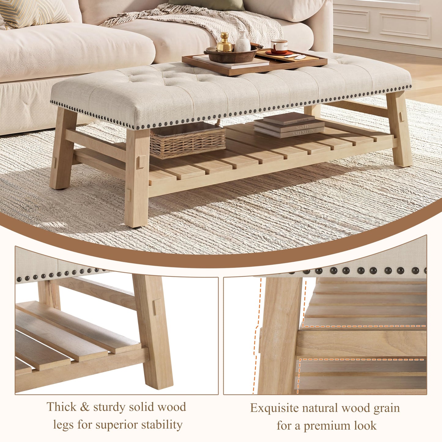Merax 48" Large Rectangle Linen Blend Ottoman Coffee Table, Button Tufted with Slatted Storage Shelf, Upholstered Footstool Bench with Nailhead Trim & Solid Wood Legs, Seats for Living Room, Beige