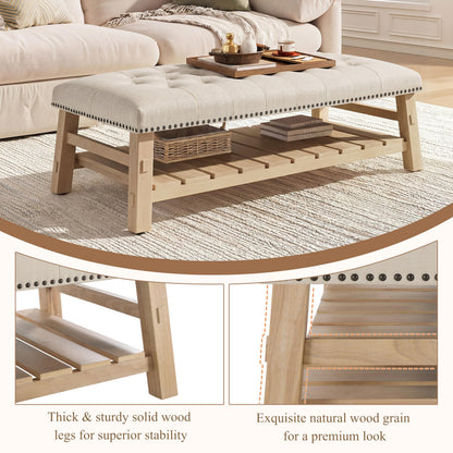 Merax 48" Large Rectangle Linen Blend Ottoman Coffee Table, Button Tufted with Slatted Storage Shelf, Upholstered Footstool Bench with Nailhead Trim & Solid Wood Legs, Seats for Living Room, Beige
