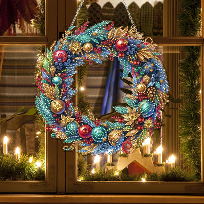 JJFox Diamond Art Hanging Kit for Adult,Special Shaped Rhinestone,DIY Acrylic Diamond Art Painting Window Pendants Home Garden Wall Hanging Kits Hanging Ornament,Double Sided (Christmas wreath2)