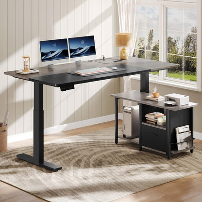 YITAHOME L Shaped Standing Desk with Power Outlets, 70.1" Electric Standing Desk Adjustable Height Sit Stand Corner Standing Desks Executive Desk with Drawers & Shelves, Grey + Black
