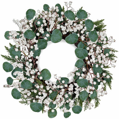 WSTPUPU Artificial Winter Wreath 22inch Christmas Wreaths for Front Door White Berry Wreath with Eucalyptus Leaves Pine Needles White Berries for Xmas Wall Farmhouse Window Winter Holidays