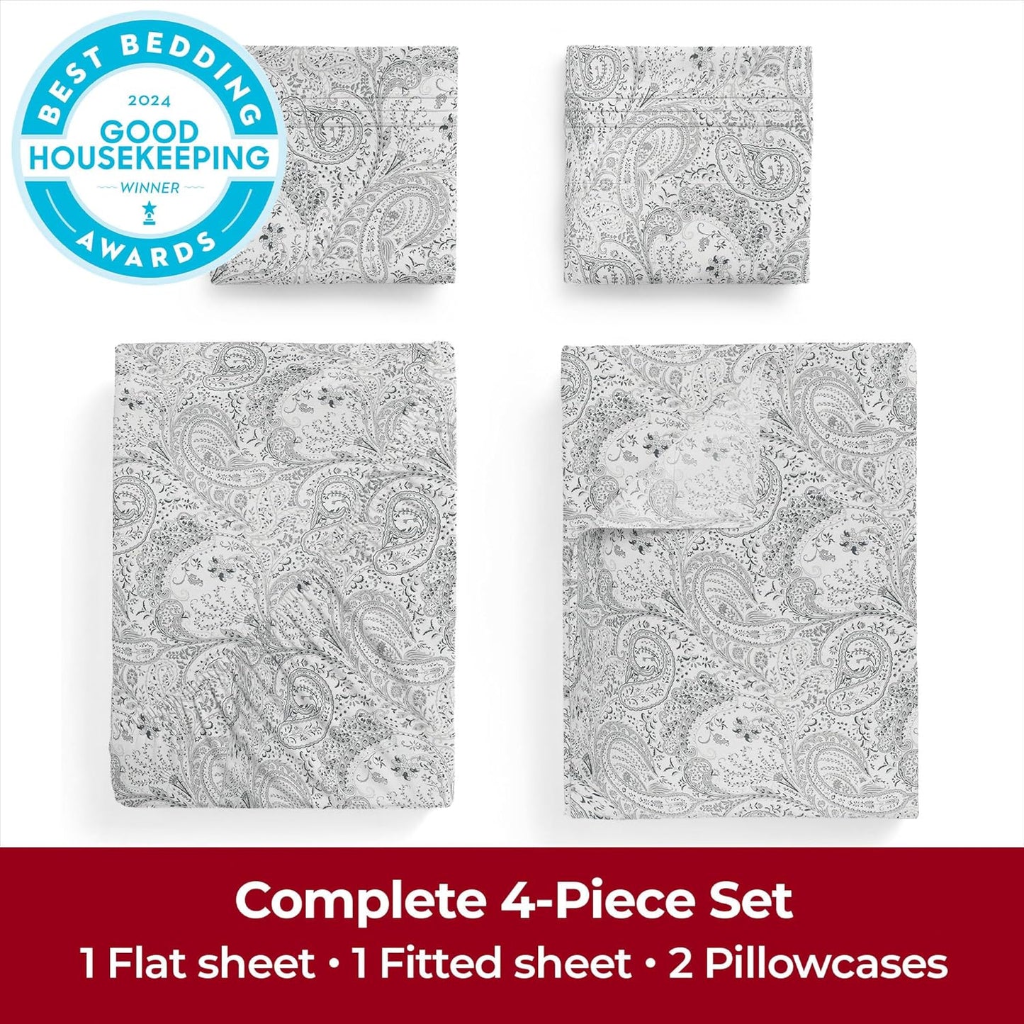 Mellanni Extra Deep Queen Sheets | 4 PC Hotel Luxury Bedding - Ultra Soft, Cooling, Wrinkle Resistant (Queen, Paisley Gray)