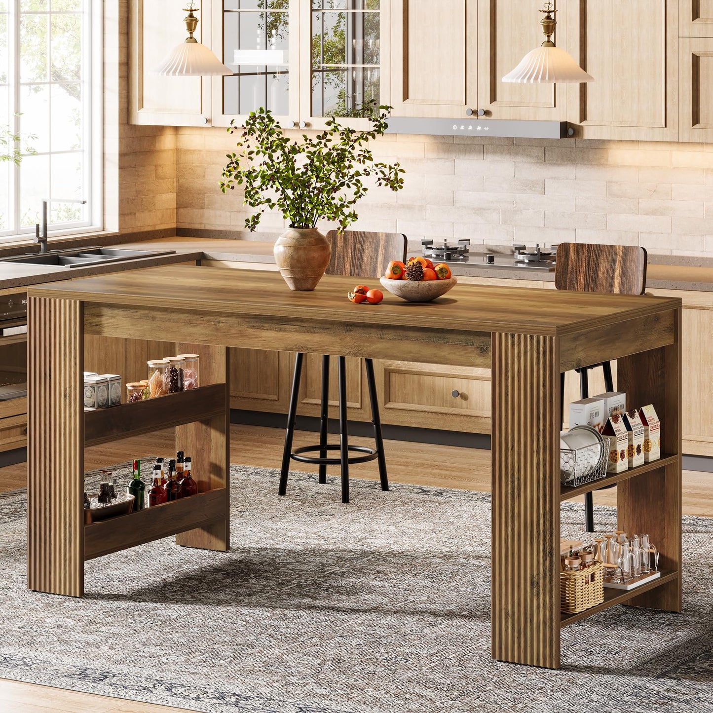 Tribesigns 63-Inch Bar Table, Farmhouse Counter Height Pub Table with Storage Shelves, High Top Bar Unit for Kitchen, Dining Room, Bistro, Rustic Brown