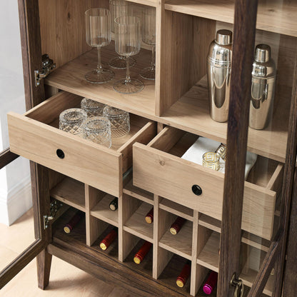 Modway Nolan Modern Farmhouse Arched Bar Cabinet in Dark Walnut Wood Grain - 72 Inch Tall Wine Storage Cabinet with Glass Doors and Wine Rack - Large Liquor Cabinet for Dining or Living Room