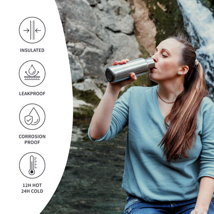 Bambaw 24 oz Metal Water Bottle, Insulated Stainless Steel Water Bottle, Great for Travel, Wide Mouth for Easy Cleaning, Reusable & Durable, Rust-Resistant & Sturdy (Natural Steal)