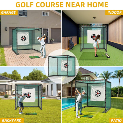 Shopsource Golf Cage with Steel Freame, 10x10x10ft Golf Hitting Net Cage with Rubber Hose, Noise Reduction for Backyard Indoor Outdoor Lawn Practice(Includes 1 Hitting Mat 6 PU Balls 1 Tee)