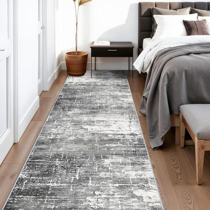 Skiennix Abstract 14ft Long Runner Rug - Non-Slip, Washable, Low-Pile | Soft Black/Grey Indoor Carpet (2'6"x14')