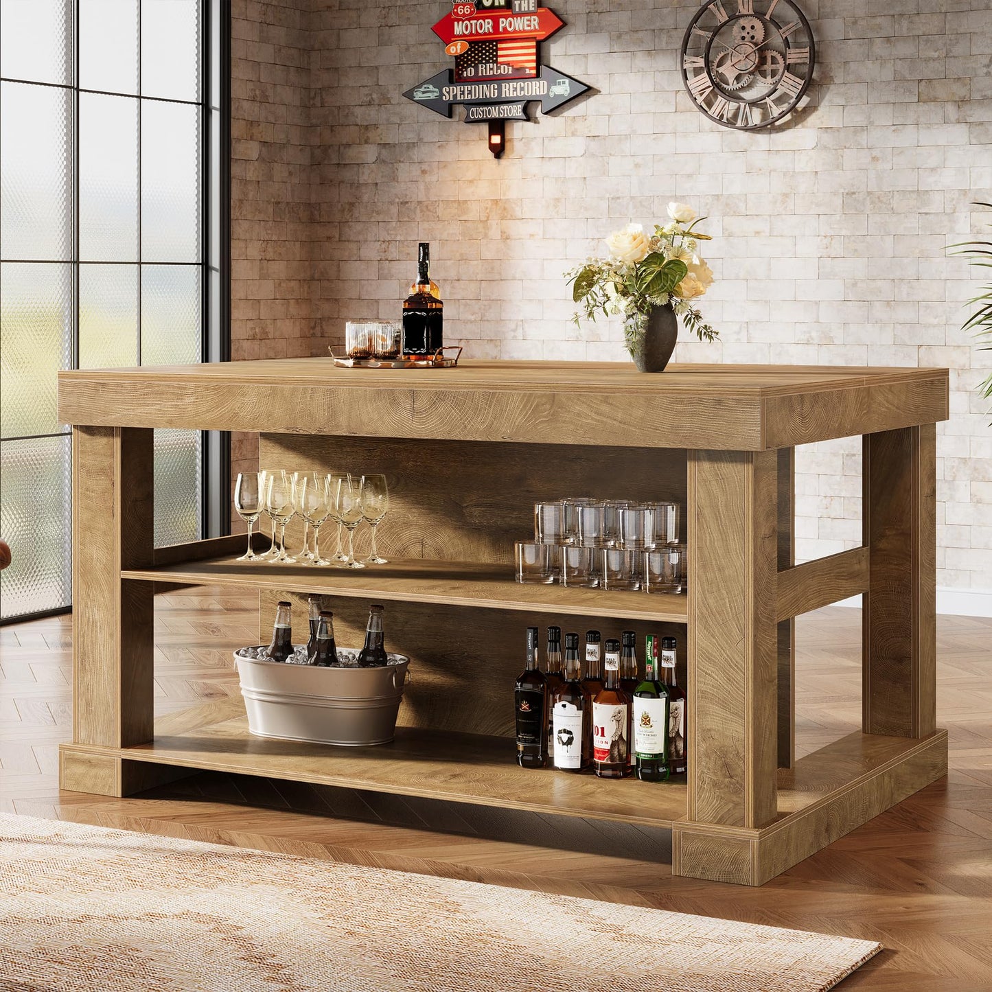 Tribesigns Bar Table, 55-Inch Counter Height Pub Table with Storage Shelves, High Top Kitchen Dining Table, Rectangle Wood Home Bar Unit for Dining Room, Bistro, Light Brown