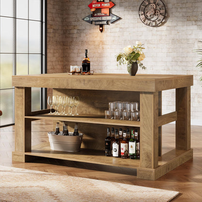 Tribesigns Bar Table, 55-Inch Counter Height Pub Table with Storage Shelves, High Top Kitchen Dining Table, Rectangle Wood Home Bar Unit for Dining Room, Bistro, Light Brown
