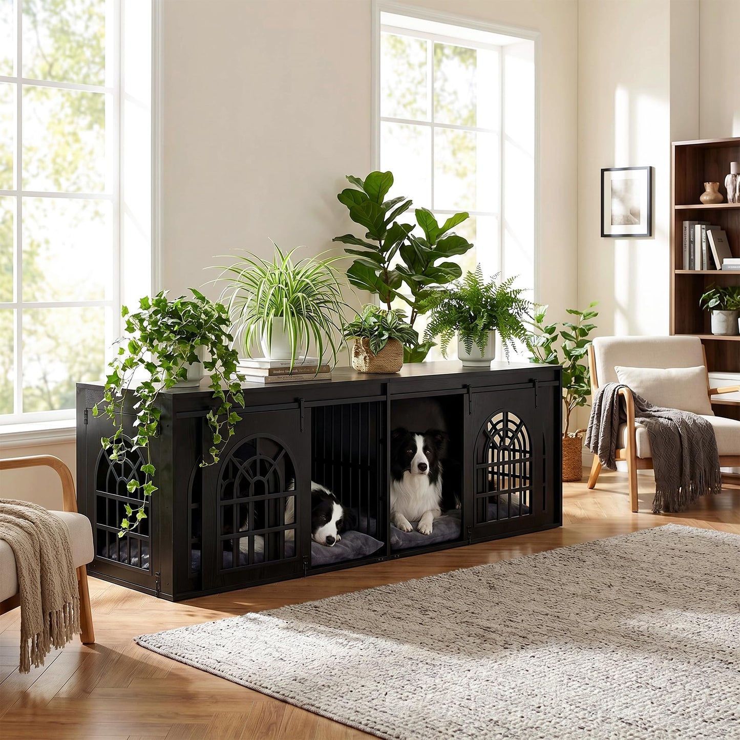 IRONCK 90.2" Double Room Dog Crate Furniture with Sliding Doors– Heavy Duty Wooden Dog Kennel with Hinged Divider, TV Stand & End Table for Large to Medium Dogs, Black