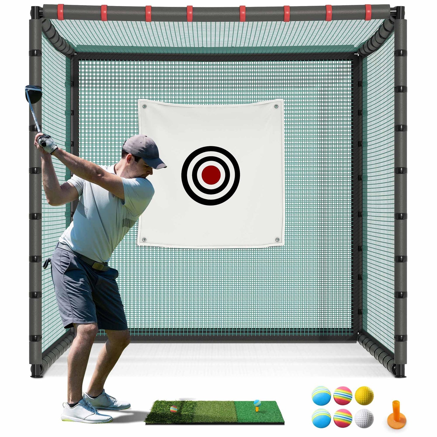 Shopsource Golf Cage with Steel Freame, 10x10x10ft Golf Hitting Net Cage with Rubber Hose, Noise Reduction for Backyard Indoor Outdoor Lawn Practice(Includes 1 Hitting Mat 6 PU Balls 1 Tee)