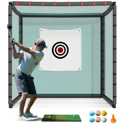 Shopsource Golf Cage with Steel Freame, 10x10x10ft Golf Hitting Net Cage with Rubber Hose, Noise Reduction for Backyard Indoor Outdoor Lawn Practice(Includes 1 Hitting Mat 6 PU Balls 1 Tee)