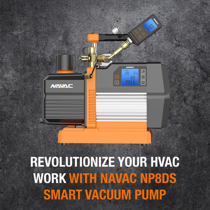 NAVAC Smart Vacuum Pump - 8 CFM Dual-Stage AC Motor, 15 Micron, Real-Time Readings with Digital Display & Compatible NMV1S Bluetooth Gauge, Compact HVAC Pump, Vacuum Gauge Not Included, 28.6 lbs