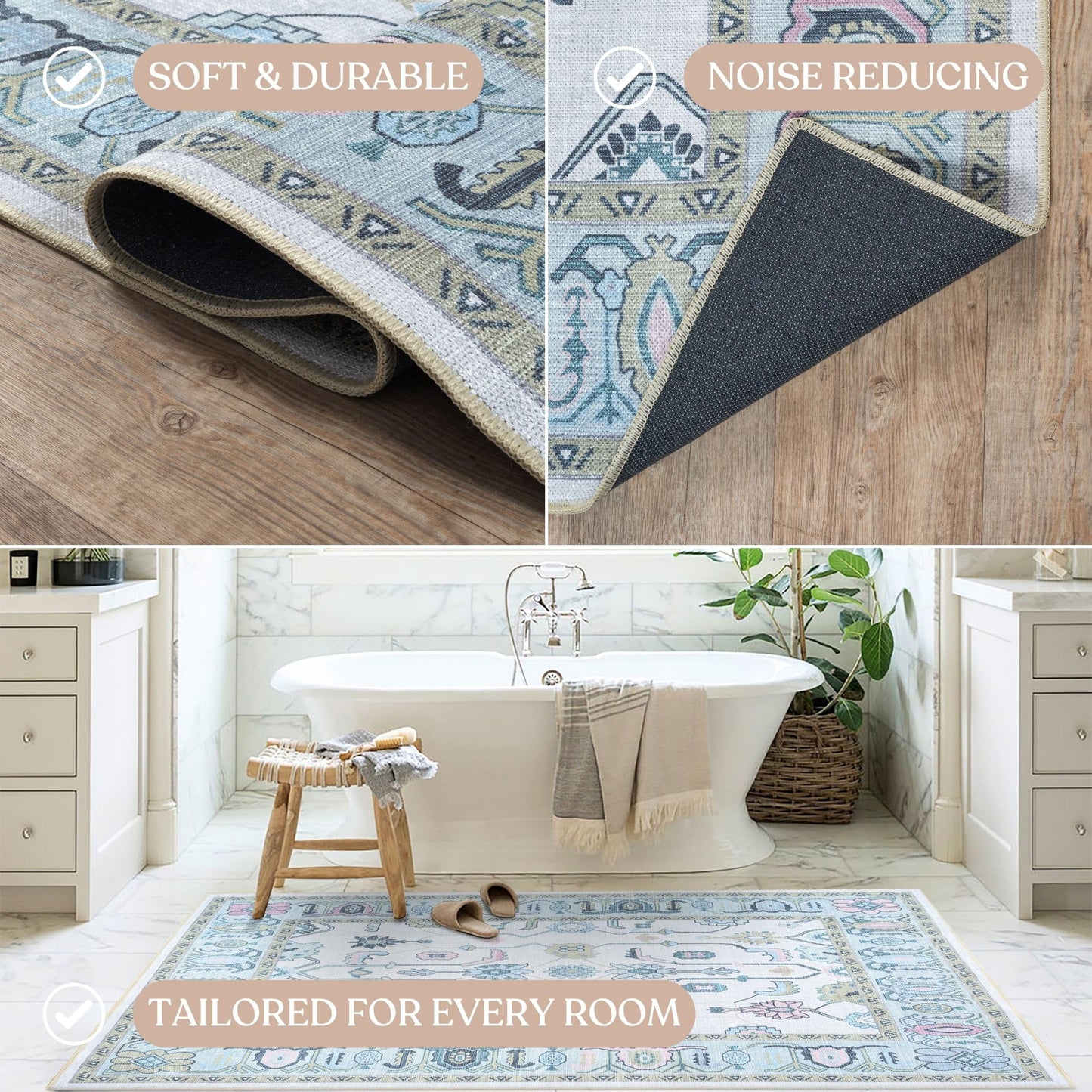 Fame Living Cream Green Oushak Rug, Modern, Vintage, Turkish, Eclectic, Floral, Pastel, Washable, Large Area Rugs for Living Room, Dining, Bedroom, Girls, Boys, 7'5"x9'8"