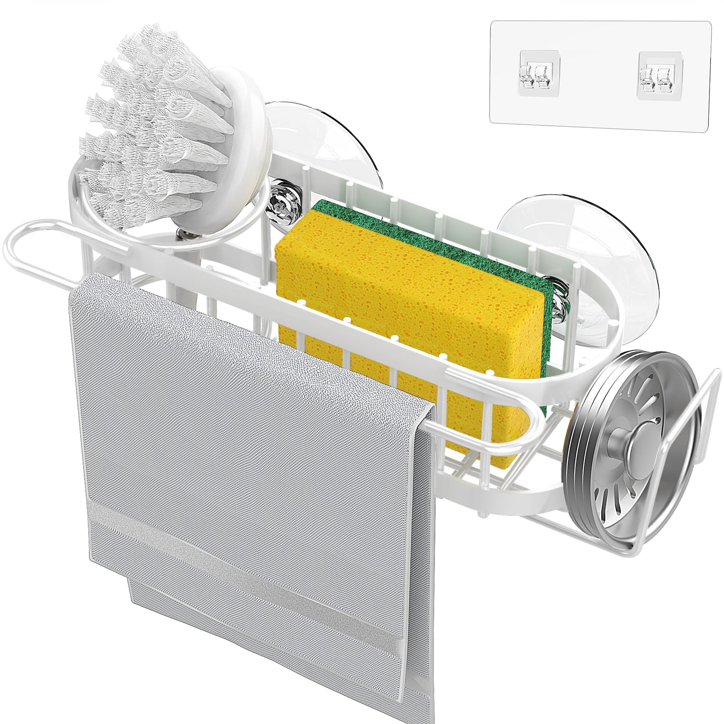 Cisily Kitchen Sink Caddy Sponge Holder in The Sink, Stainless Steel Kitchen Sink Organizer, Brush Holder, Dish Cloth Hanger, Sink Stopper Holder with 2 Installation Ways (Suction & Adhesives, Silver