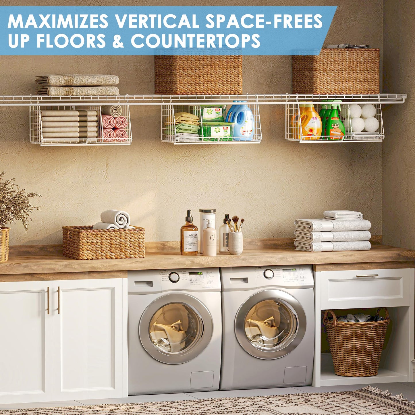 23.62” Extra-Long Under-Shelf Hanging Laundry Basket Organizer, 3-Pack Space-Saving Laundry Organizer, Fits Wire Shelving (Rod Diameter < 0.38”), Modular with Dividers for Custom Laundry Organization