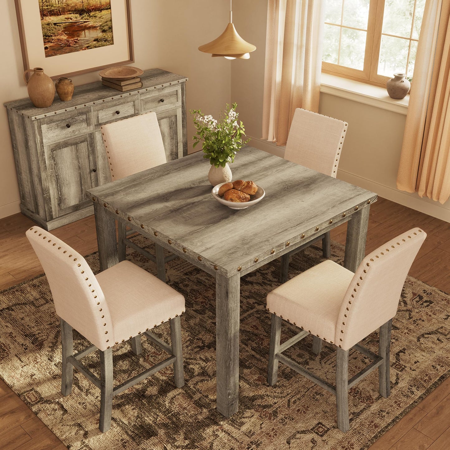 Farati Counter Height Dining Table Set for 4,Farmhouse Dining Table Set for 4,Square Bar Kitchen Dining Table with 4 Bar Stools,High Dining Table and Chairs for Dining Room, Kitchen