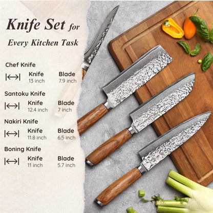 Wakoli Damascus Knife Block Set – 4-Piece Professional Kitchen Knives with Magnetic Block – Kitchen Knife Set made of 67-Layer Damascus Steel Blades & Ergonomic Zebrawood Handles