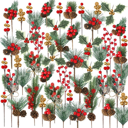 Riceshoot 42 Pcs Christmas Picks with Pine Cones Holly Berry Artificial Red Berries Stems Pine Branches Small Christmas Berry Picks for Crafts Wreath Garland Decoration