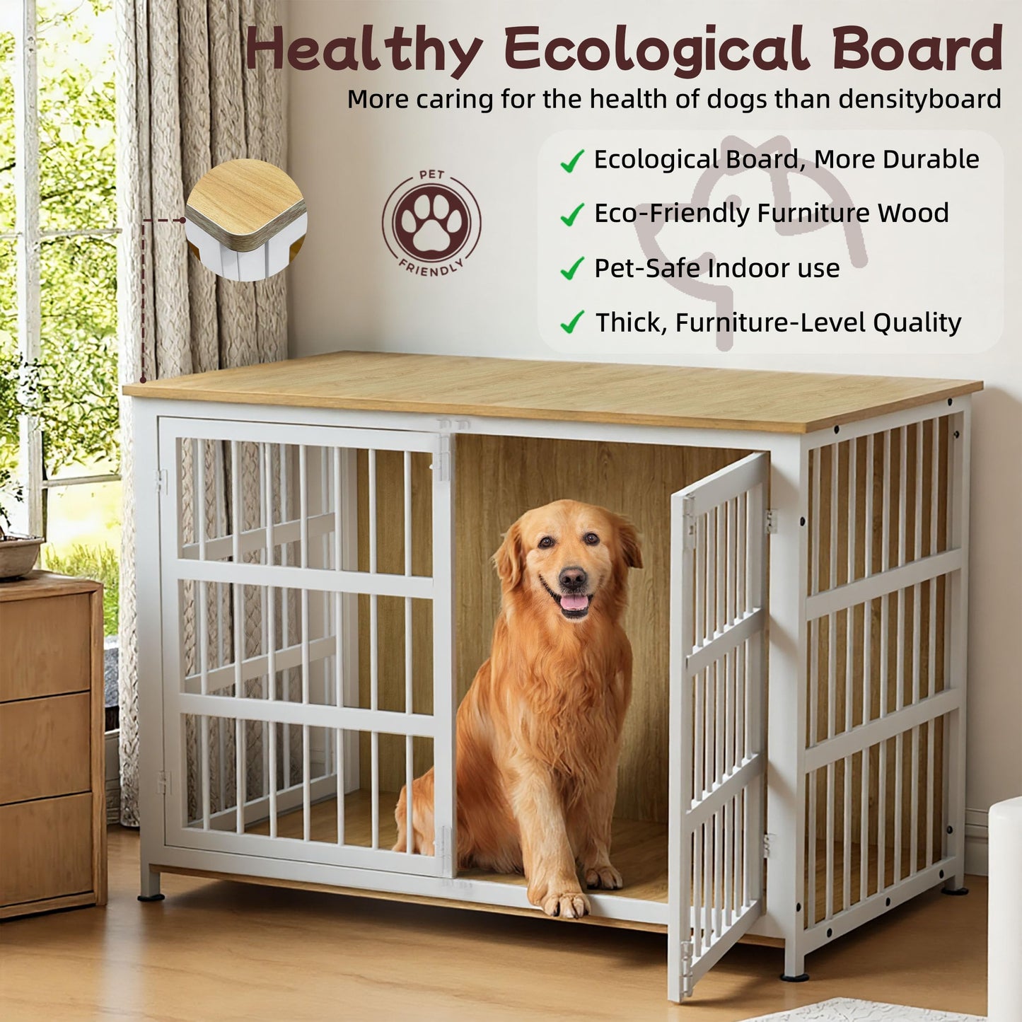 CABZOON 46'' Dog Crate Furniture Large Breed Dog Crate Dog Kennels for Inside Wooden Dog Crates End Table Heavy Duty Indoor Combination Cage for Medium to Large Dogs Oak