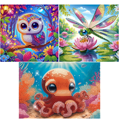 Modern Merch Small Diamond Art Packs Owl Octopus & Dragonfly, Animal Diamond Dots for Adults, Jewel Art Painting Kits, Mini Gem Arts and Crafts for Adults, Round Drill 3 Pack Partial Drill
