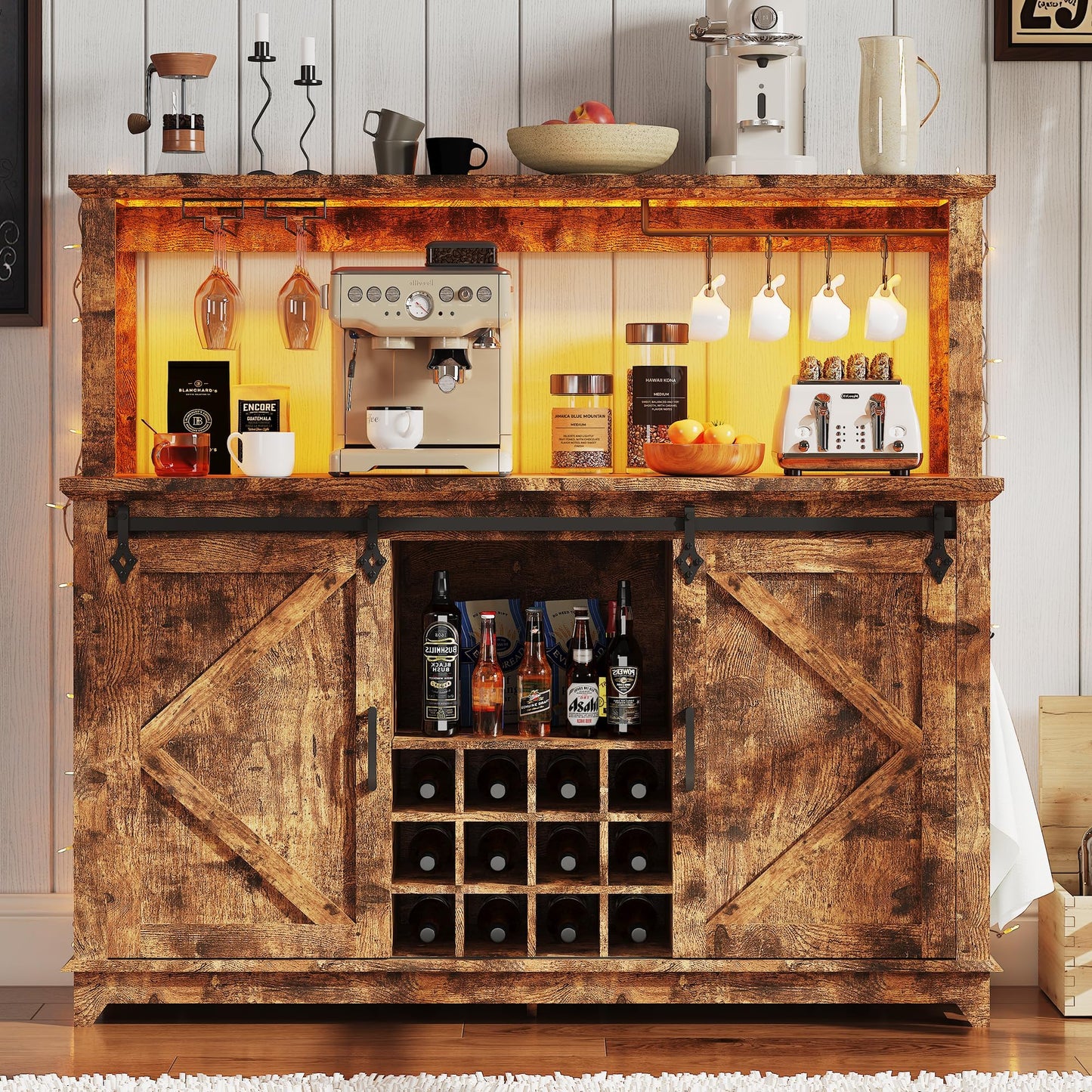 IDEALHOUSE 55" Farmhouse Coffee Bar Cabinet with Power Outlet & LED Light - Sliding Barn Door Buffet with Removable Wine Rack, 2-Tier Drawers, for Kitchen, Dining & Living Room, Brown