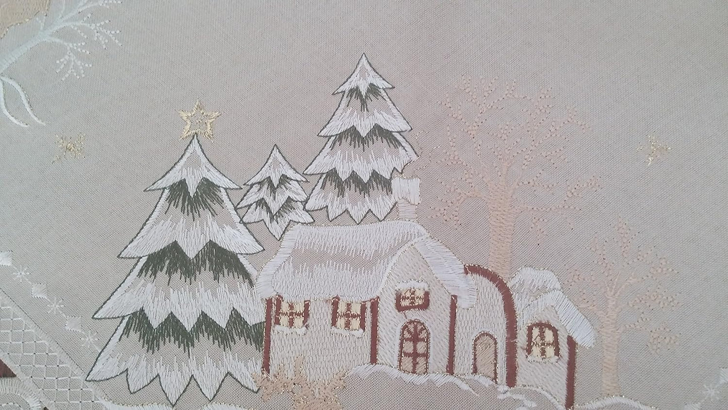 Christmas Table Runner with Reindeer and Cabin, Tan Burlap Style Material, Size 34 x 15 inches