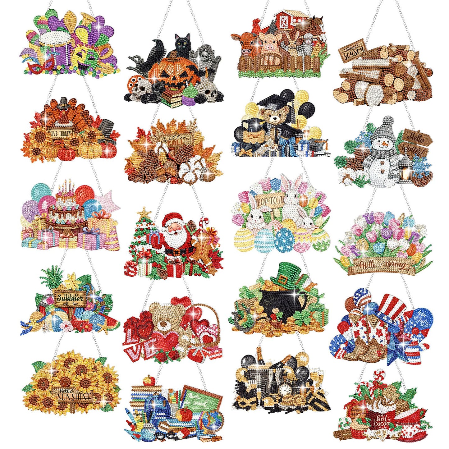 Chunful 20 Pcs Seasonal Diamond Art Wreath Kits Holidays Spring Summer 5d DIY Diamond Art Painting Hanging Sign 4th of July Ornament for Adult Office Holiday Wall Home Decoration(Festival)
