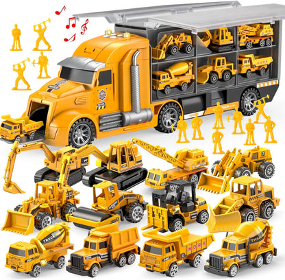 JOYIN 25-in-1 Construction Truck Toy Set with 12 Vehicles & 12 Worker Figures, Push and Go Toy Trucks with Sound and Light, Construction Toys Birthday Gifts for Kids 3 4 5 6 7 Years Old