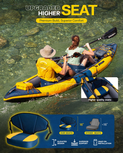Starcity Kayak Inflatable Tandem Wide Stable Touring Fishing Design 600 Pound Capacity 12" 2"*36"*13" for Lake River Recreational Paddling Families Beginners W/Adjustable Seat Storage Compartment