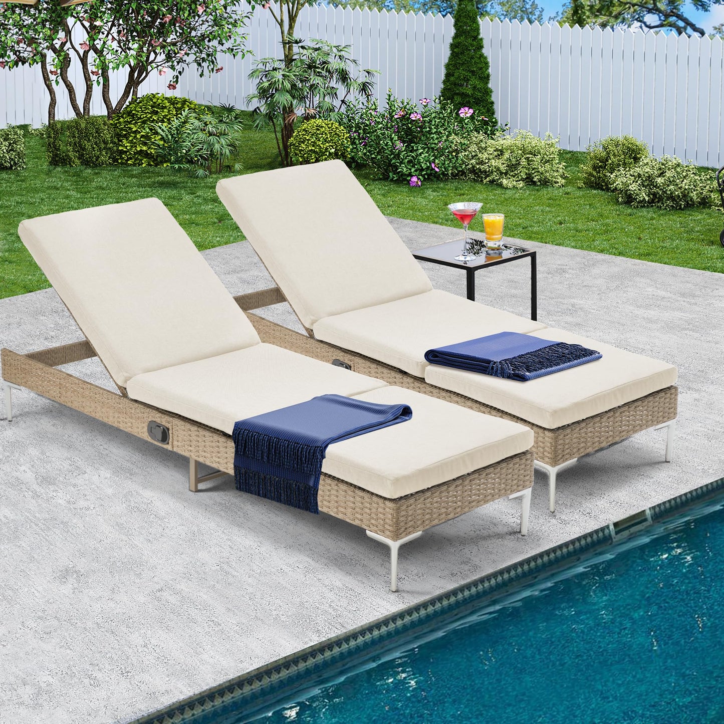 HOMREST Outdoor Chaise Lounge Chair Set of 2, Patio Wicker Lounge Chairs with Adjustable Backrest, Rattan Pool Sunbathing Chaiser with Removable Cushion (Khaki)