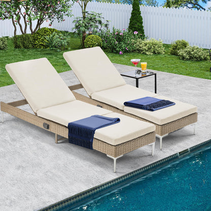 HOMREST Outdoor Chaise Lounge Chair Set of 2, Patio Wicker Lounge Chairs with Adjustable Backrest, Rattan Pool Sunbathing Chaiser with Removable Cushion (Khaki)