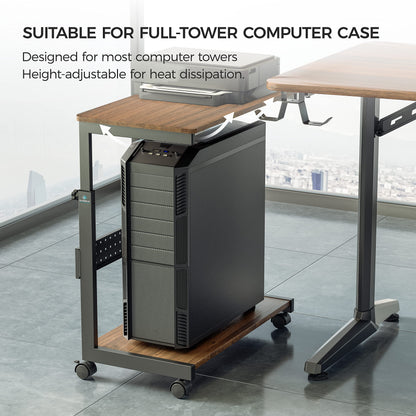 EUREKA ERGONOMIC PC Stand Computer Cart, Height Adjustable Tower Stand 2-Tier Suit for ATX Case Printer, Metal Rolling Cart on Wheels for Gaming Home Office, Walnut