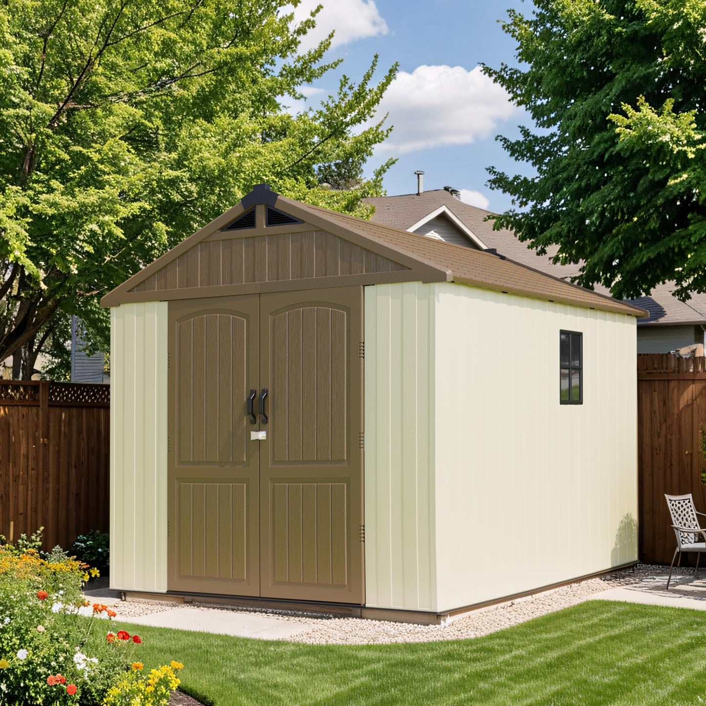 Patiowell 8 x 10 FT Resin Outdoor Storage Shed with Floor, Large Garden Tool Plastic Shed with Window and Lockable Door for Backyard, Tool Storage Use,Easy Installation, Brown (Kick-it Shed)