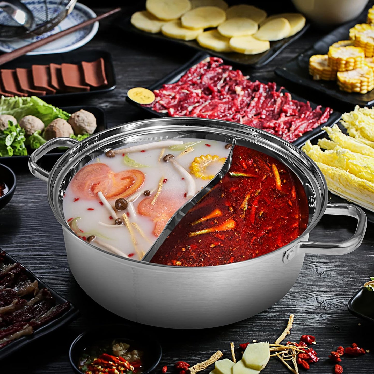 MyLifeUNIT Shabu Shabu Pot, 4.5 Qt 304 Stainless Steel Hot Pot with Divider, 11.8 Inches Soup Cookware