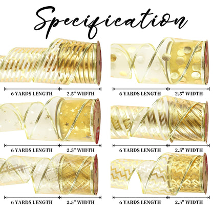 MEEDEE Gold Ribbon for Christmas Tree Decoration - 2.5 Inch, 6 Rolls, 36 Yards - Star and Stripe Wired Ribbon for Tree Garland and Crafts