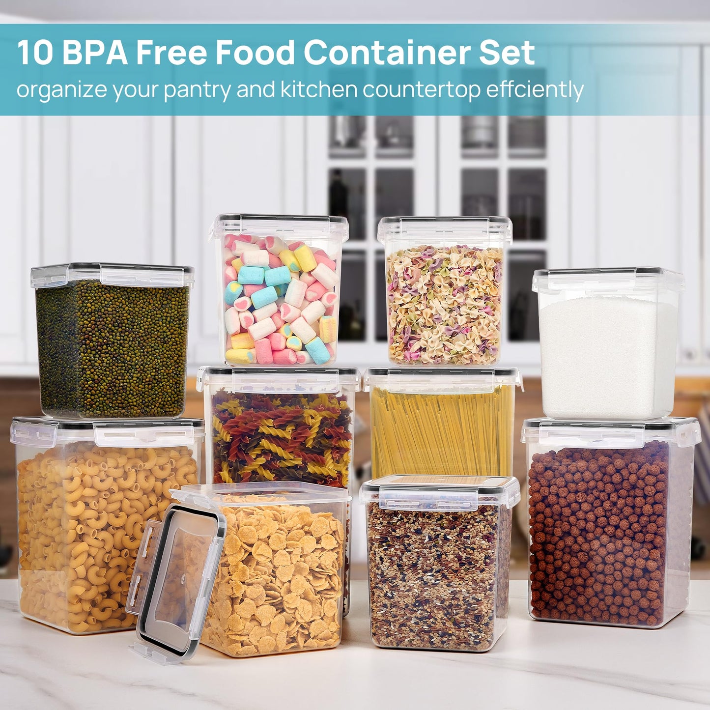 Vtopmart 10 PCS Flour and Sugar Storage Container, Large Airtight Food Canisters with Lids for Kitchen, Pantry Organization, BPA Free, Black