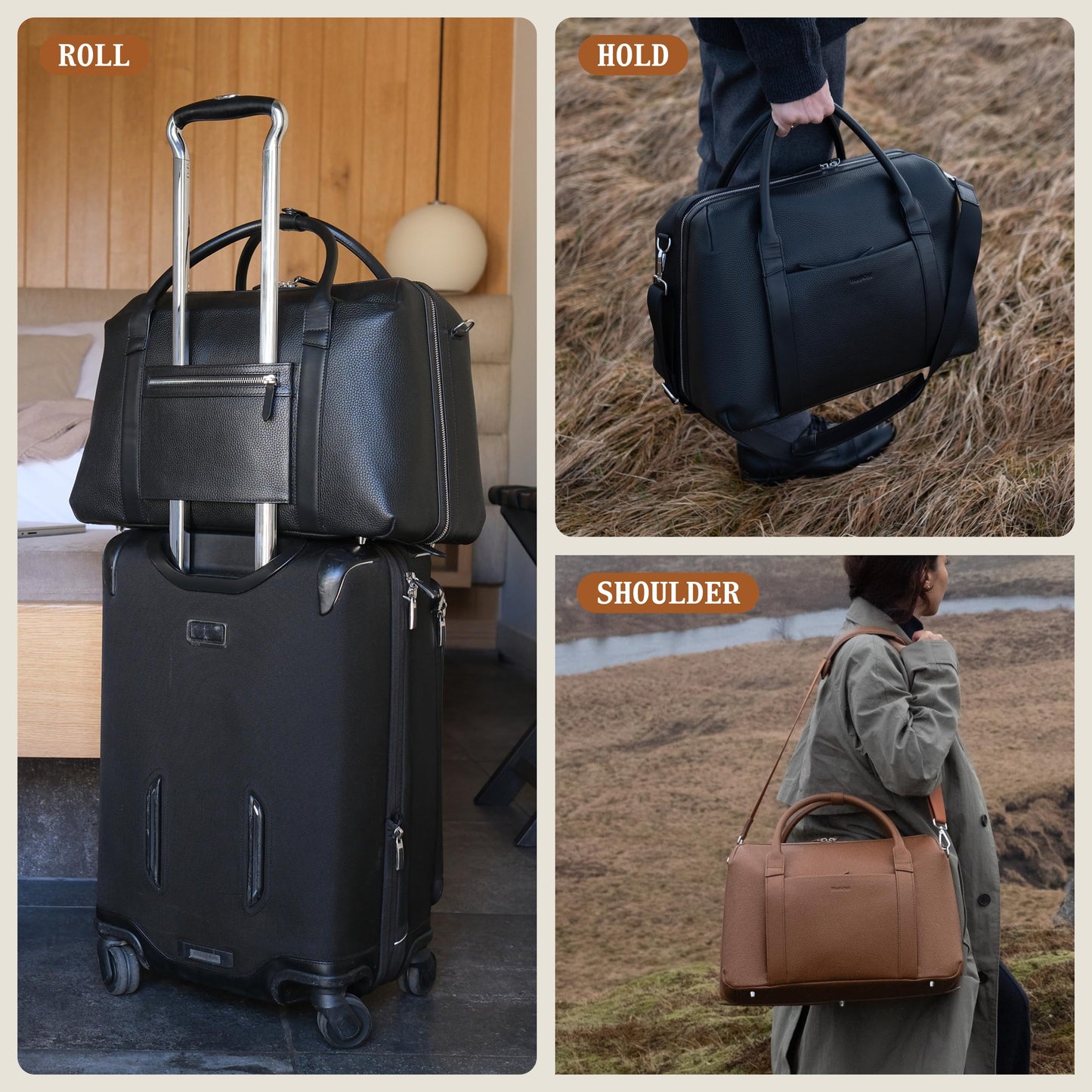 Wool & Oak Duffle Suitcase – Full-Grain Leather Travel Bag with Clamshell Opening, 33 L Capacity, Trolley Sleeve & 16″ Laptop Pocket – “DS Carry” Personal-Item Size - Pebble Leather - Chocolate
