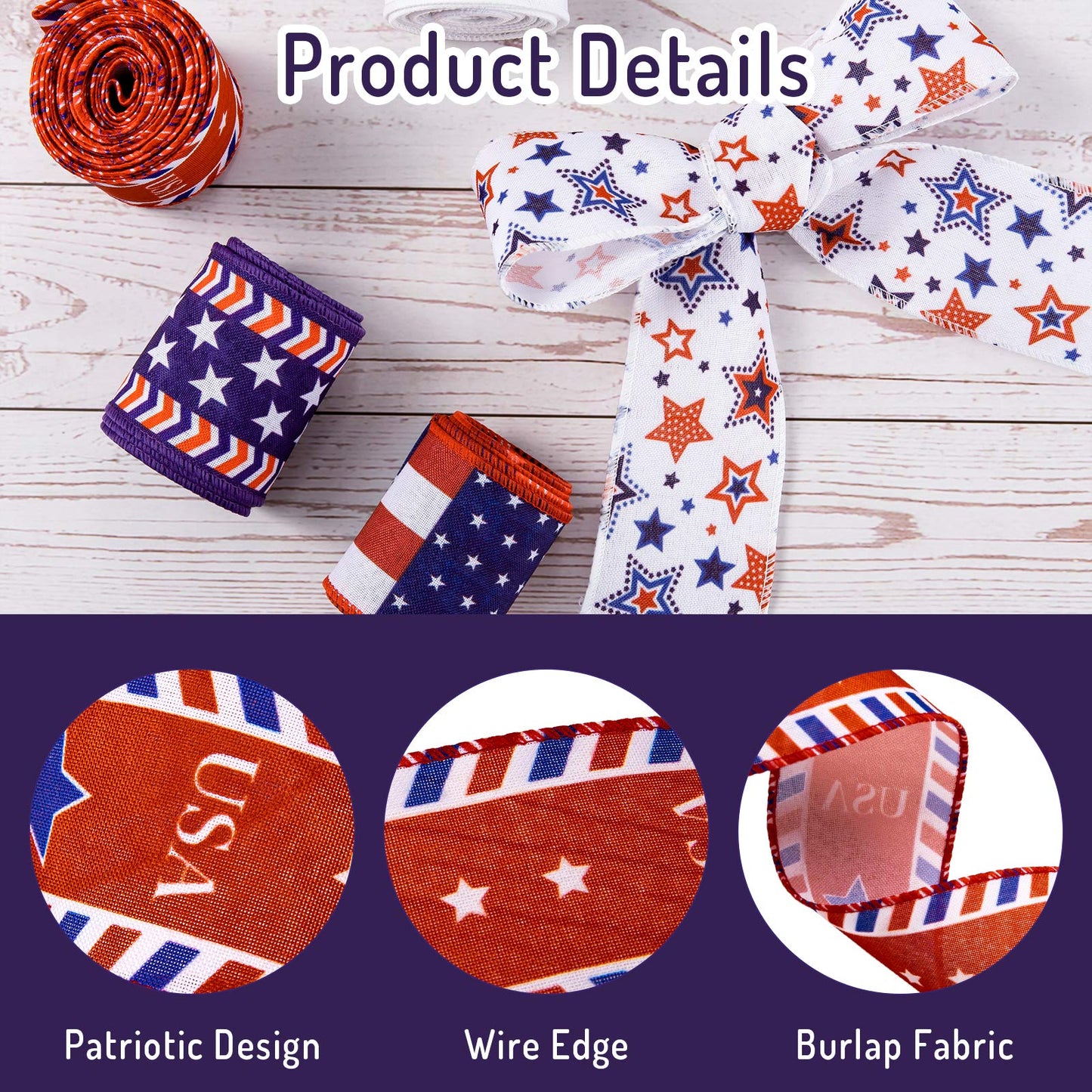 Whaline 5 Rolls Patriotic Ribbon 4th of July Stars and Stripes Burlap Wired Edge Ribbon 25 Yards American Flag Craft Ribbons for Independence Day 250th Anniversary DIY Wreath Bow Gift Wrapping