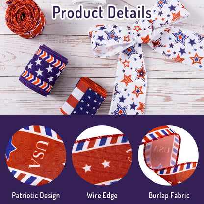 Whaline 5 Rolls Patriotic Ribbon 4th of July Stars and Stripes Burlap Wired Edge Ribbon 25 Yards American Flag Craft Ribbons for Independence Day 250th Anniversary DIY Wreath Bow Gift Wrapping