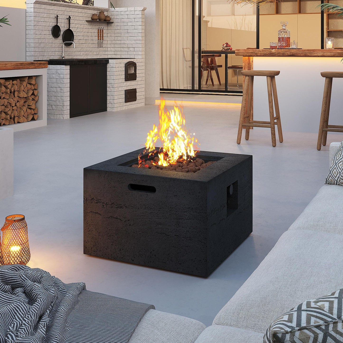 Merax MGO Outdoor Square Fire Pit with Steel Burner,Lightweight 24.02-inch Propane Fire Pit Table with Adjustable Flame, 40,000 BTU, Lava Rocks, and Rain Cover for Patio,Backyard, Poolside, Black