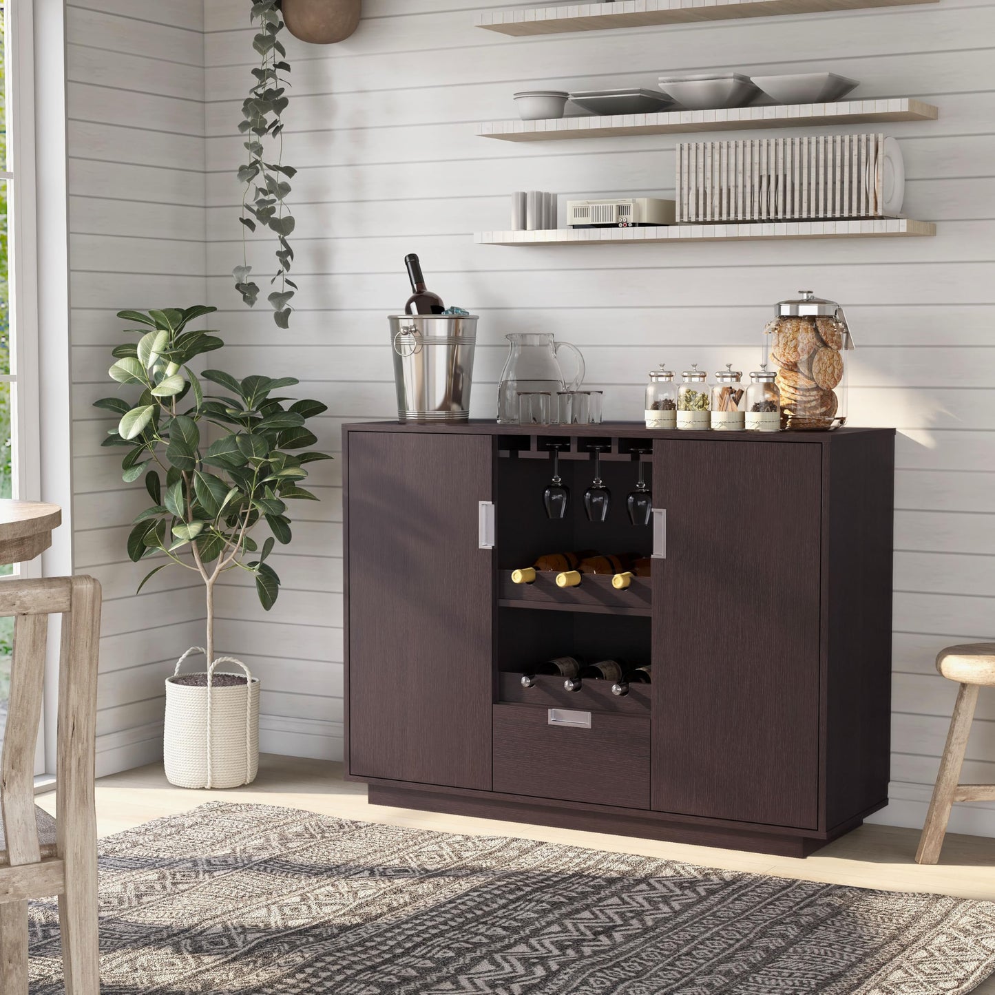 ioHOMES, Mendocino Contemporary 1-Drawer, Wood Frame Dining Buffet with Wine and Glasses Display Racks, Sideboard with Two Shelved Cabinets, Espresso
