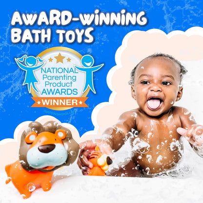 SplashEZ Animal Bath Toys | Mold Free Bath Toys for Kids & Toddlers with No Hole for Water | Lion & Friends Ideal Size for Little Hands | Safe, Durable for Baby Tub Pool Boys Girls Ages 0 & Up, 5-pack