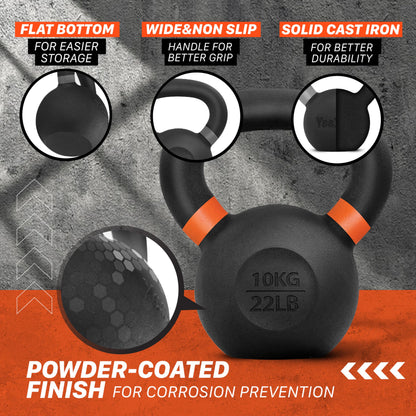 Yes4All Powder Coated Kettlebell, Cast Iron Core Kettlebells with Non-Slip Handle & Flat Bottom for Conditioning, Heavy Duty for Strength Training, 9lb to 71lb - Single & Pair