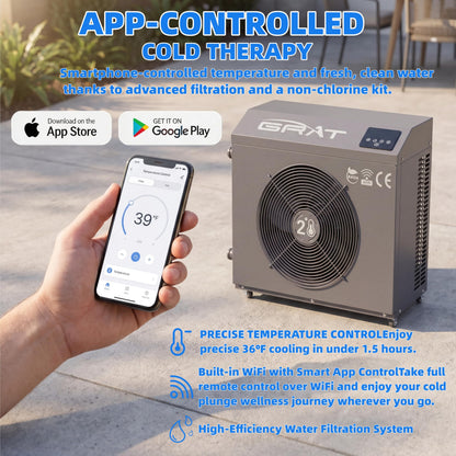 GRAT 1.5HP Cold Plunge Chiller 88 Gallon Ice Bath Tub, 10500BTU Portable WiFi Cold Water Immersion Tub, Water Treatment Kit, Wheels & Backpack for Athletes, Home Gym & Outdoor Use, Cools to 36°F