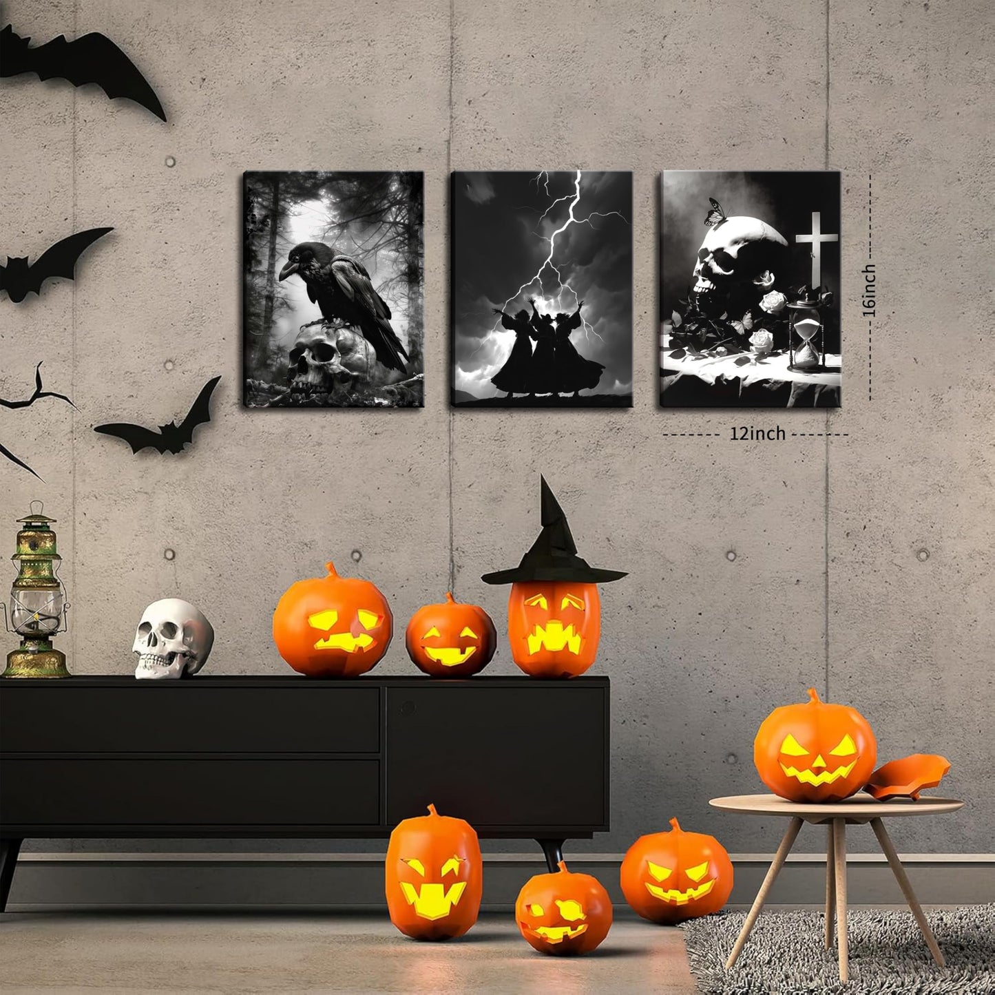 Framed Dark Gothic Canvas Wall Art Set of 3, Creepy Witchy Halloween Wall Decor Paintings, Crow and Skull Goth Aesthetic Posters Prints for Living Room Bedroom Bathroom Home Decor 12x16In