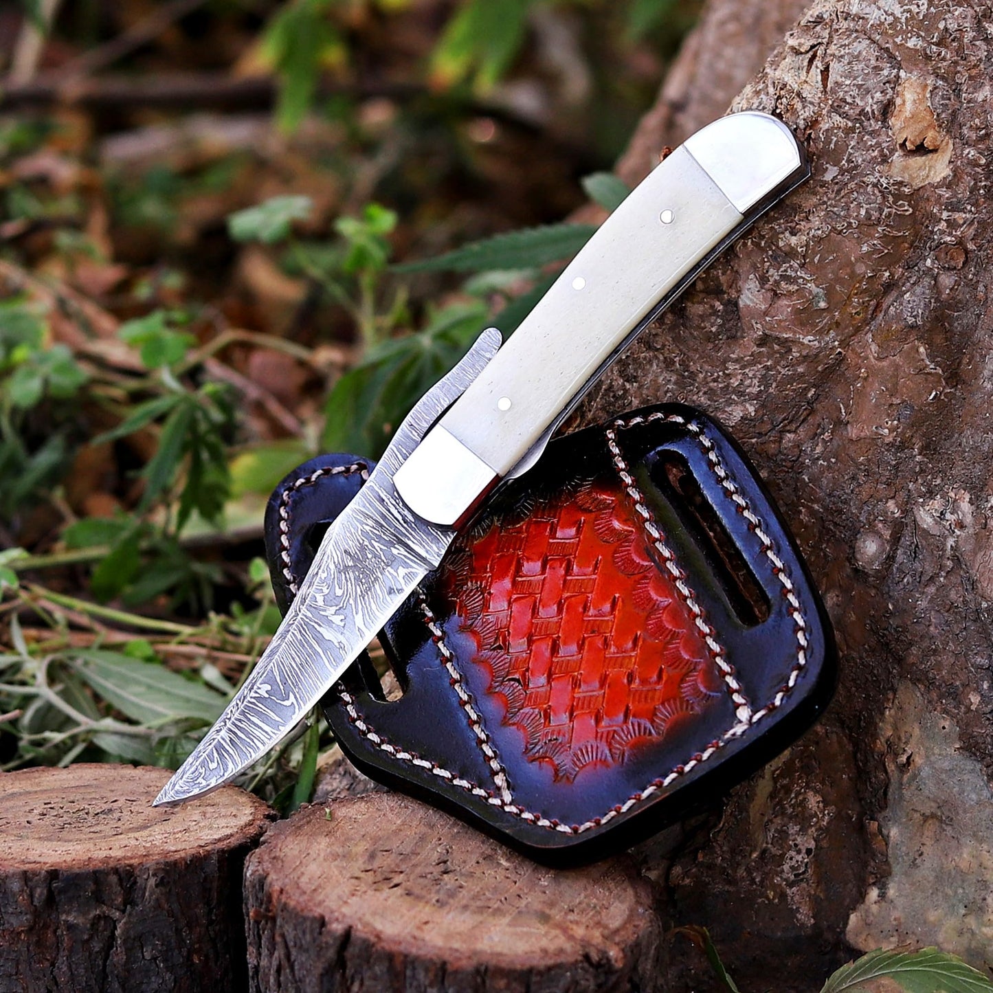BE BREAK EDGE Handmade Damascus Steel Russlock Folding Knife with Yellow Striped Handle and Leather Sheath