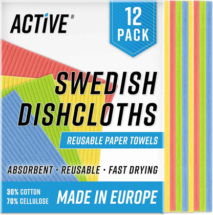 12 Pack ACTIVE Swedish Dish Cloths for Kitchen Cellulose Sponge Cloth, Washable Dishcloths for Washing Dishes, Original